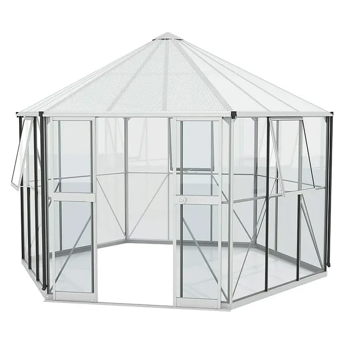 Vitavia Gewächshaus Pi 9000 - Außenmaß inkl. Dachüberstand (B x T): 336 x 383 cm, 3 mm, Alu - Ein geräumiges, sechseckiges Gewächshaus mit transparenten Wänden und einem spitzen Dach, ideal für den Anbau von Pflanzen in Ihrem Garten.