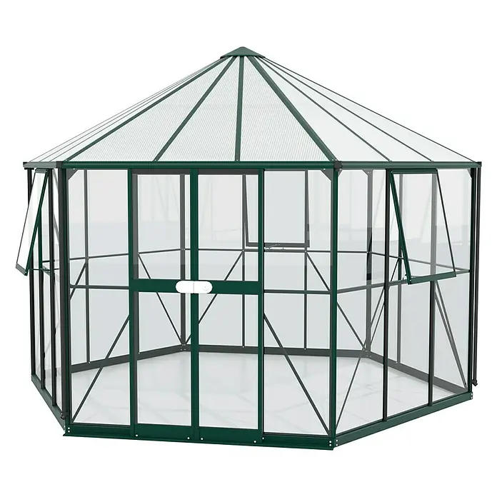 Vitavia Gewächshaus Pi 9000 - Außenmaß inkl. Dachüberstand (B x T): 336 x 383 cm, 3 mm, Smaragd - Abbildung eines sechseckigen Gewächshauses mit grünen Rahmen und transparenten Wänden.