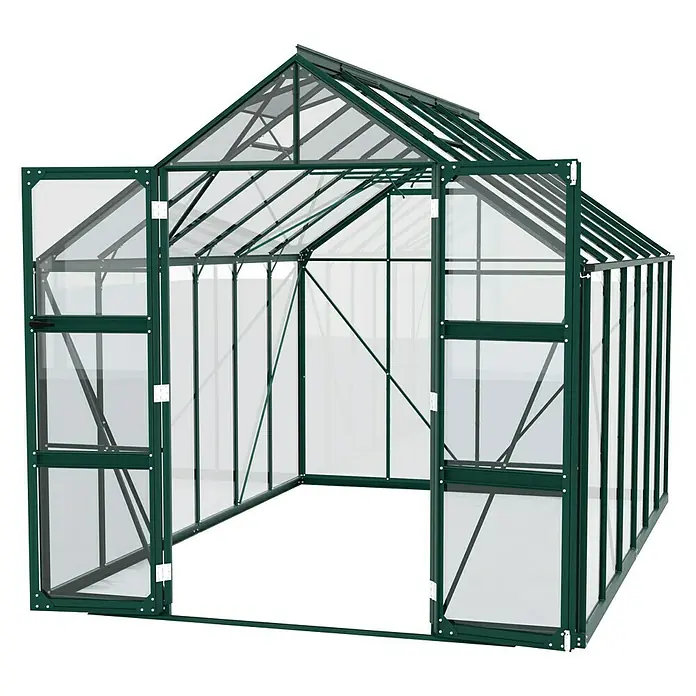Vitavia Gewächshaus Domus 9900 - Außenmaß inkl. Dachüberstand (B x T): 257 x 387 cm, 3 mm, Smaragd - Ein Gewächshaus mit offenstehender Tür, das viel Platz für Pflanzen bietet. Das grüne Gestell und die klaren Scheiben sorgen für viel Licht.