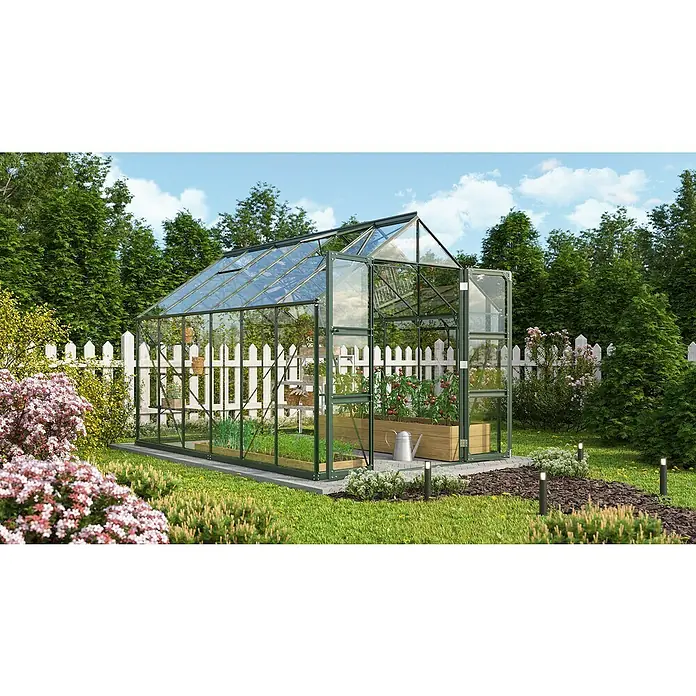 Vitavia Gewächshaus Domus 9900 - Außenmaß inkl. Dachüberstand (B x T): 257 x 387 cm, 3 mm, Smaragd - Das Gewächshaus ist mit transparentem Glas und einem stabilen Rahmen ausgestattet, ideal für den Anbau verschiedener Pflanzen im Garten.