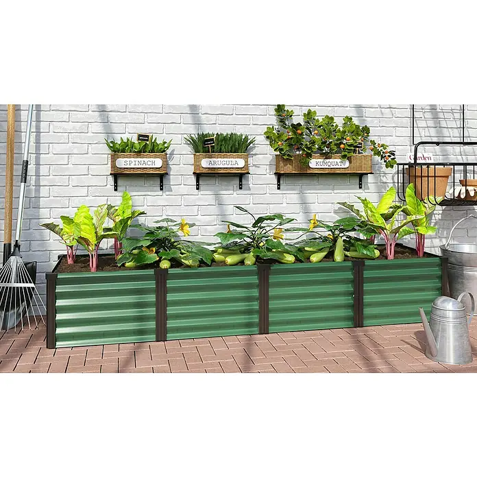 Vitavia Hochbeet Meta In & Out 401 - 245 x 65 x 40 cm, Zincalume®, Seegras/Schwarz - Hochbeet aus Metall mit verschiedenen Pflanzen wie Spinat, Rucola, Kumquat und Zucchini.