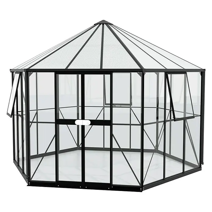 Vitavia Gewächshaus Pi 9000 - Außenmaß inkl. Dachüberstand (B x T): 336 x 383 cm, 3 mm, Schwarz - Großes Gewächshaus mit schwarzem Rahmen und transparenter Verglasung. Es bietet viel Platz für Pflanzen und Gemüse.