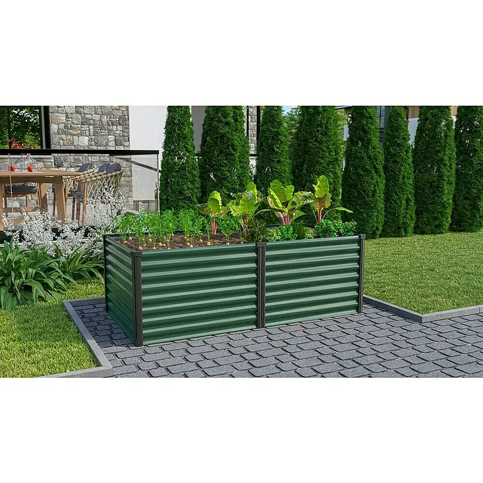 Vitavia Hochbeet Meta 630 - 187,7 x 96,2 x 63 cm, Zincalume®, Seegras/Schwarz - Grünes Hochbeet aus Metall mit Salat, Karotten und Rhabarber- Mangold auf gepflasterter Terrasse. Ideal für den Gemüseanbau im Garten.