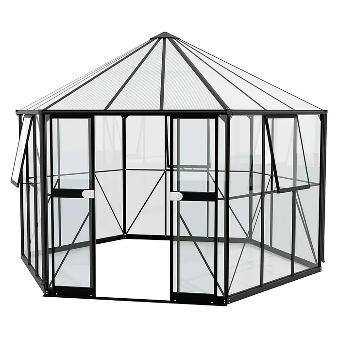 Vitavia Gewächshaus Pi 9000 - Außenmaß inkl. Dachüberstand (B x T): 336 x 383 cm, 3 mm, Schwarz - Das Bild zeigt ein sechseckiges Gewächshaus mit schwarzem Rahmen und transparenten Wänden, das auf einer weißen Fläche steht.