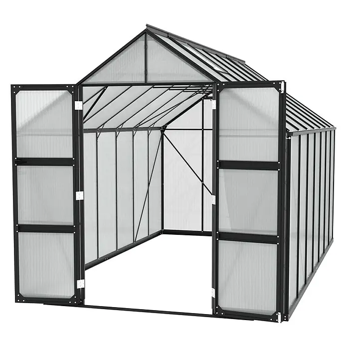 Vitavia Gewächshaus Domus 11500 - Außenmaß inkl. Dachüberstand (B x T): 257 x 449 cm, 6 mm, Schwarz - Ein Gewächshaus mit geöffneten Doppeltüren und einem stabilen Rahmen, ideal für Gartenliebhaber und Pflanzenzucht.
