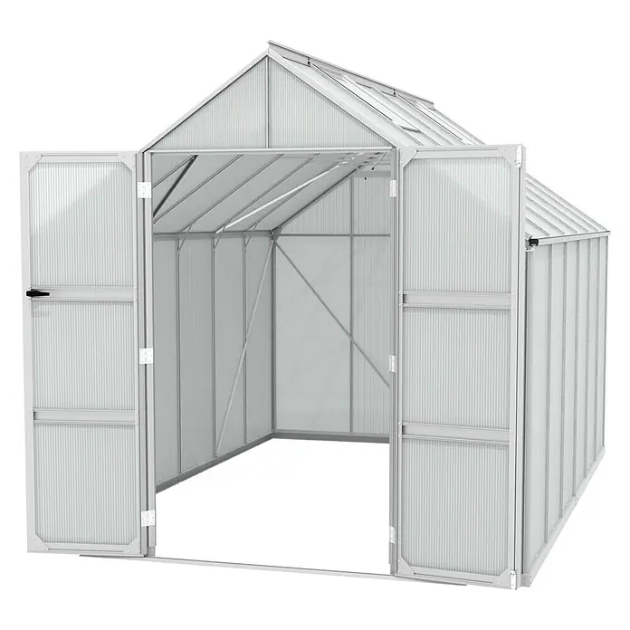 Vitavia Gewächshaus Domus 9900 - Außenmaß inkl. Dachüberstand (B x T): 257 x 387 cm, 4 mm, Aluminium - Das Bild zeigt ein Gewächshaus mit geöffneten Türen, das einen klaren Blick auf die innere Struktur und das Design ermöglicht.