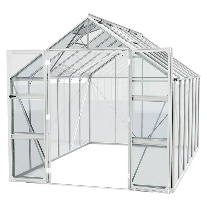 Vitavia Gewächshaus Domus 9900Außenmaß inkl. Dachüberstand (B x T): 257 x 387 cm, 3 mm, Aluminium - Ein geräumiges Gewächshaus mit geöffneten Türen, ideal für den Anbau von Pflanzen. Die Struktur ist hell und bietet viel Platz.