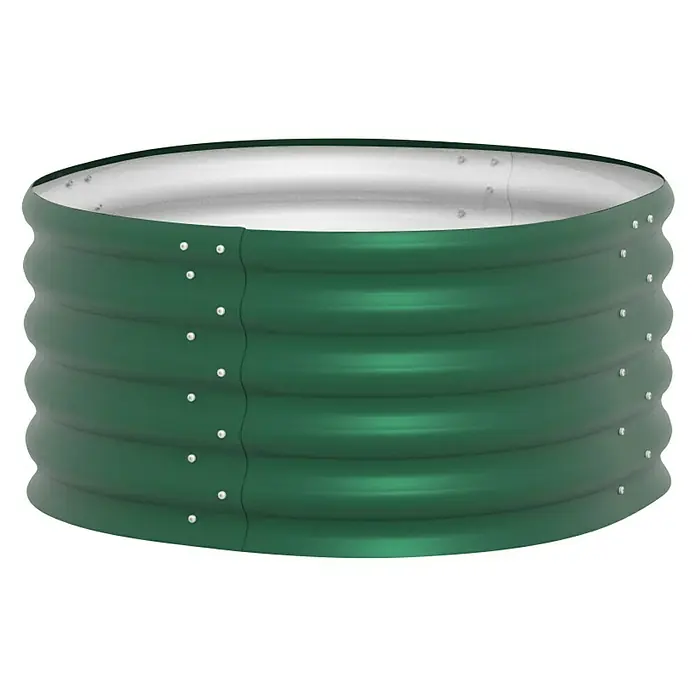 Vitavia Hochbeet Terra 401 - 82 x 82 x 40,1 cm, Zincalume®, Seegras - Das Bild zeigt ein grünes, rundes Hochbeet aus Metall mit silberner Innenseite, ideal für Gartenprojekte und Gemüseanbau im Freien.