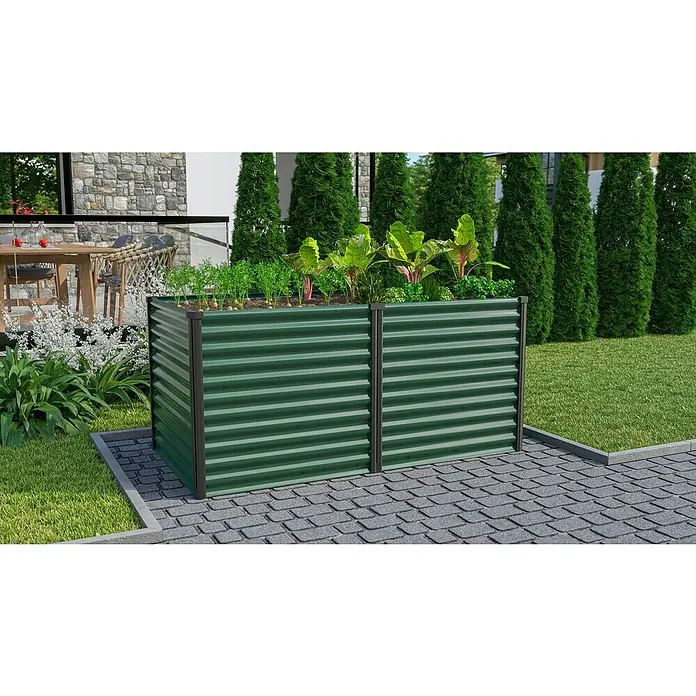 Vitavia Hochbeet Meta 858 - 187,7 x 96,2 x 85,8 cm, Zincalume®, Seegras/Schwarz - Dieser erhöhte, dunkelgrüne Pflanzkasten ist ideal für den Anbau von Gemüse und Kräutern im Garten oder auf der Terrasse. Er ist robust und langlebig.