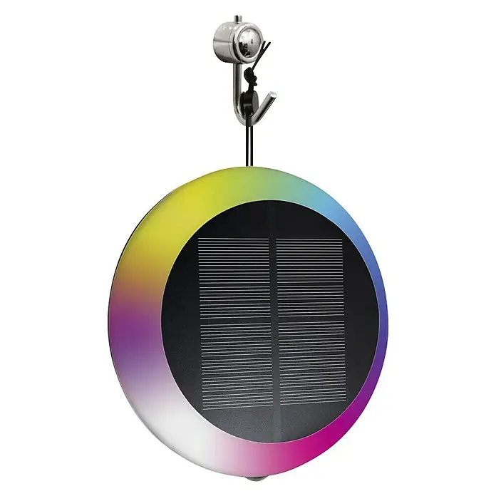 Muvit iO Lámpara decorativa solar inteligente Bluetooth RGB+CCT - 5 W, Negro, IP65 - Primer plano de una lámpara solar redonda con degradado de color y un colgador de gancho plateado sobre un fondo negro.
