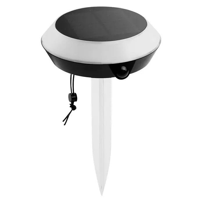 Muvit iO Lámpara decorativa solar inteligente Bluetooth RGB+CCT - 5 W, Negro, IP65 - Primer plano de una lámpara solar de jardín con estaca, ideal para iluminación ambiental exterior.