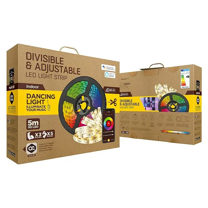 Muvit iO Tira LED inteligente WiFi RGB+CCT - Largo: 5 m, 24 W, 1.200 lm - Una caja de tira de luz LED "muvit io", divisible y ajustable, con función de música para uso interior.