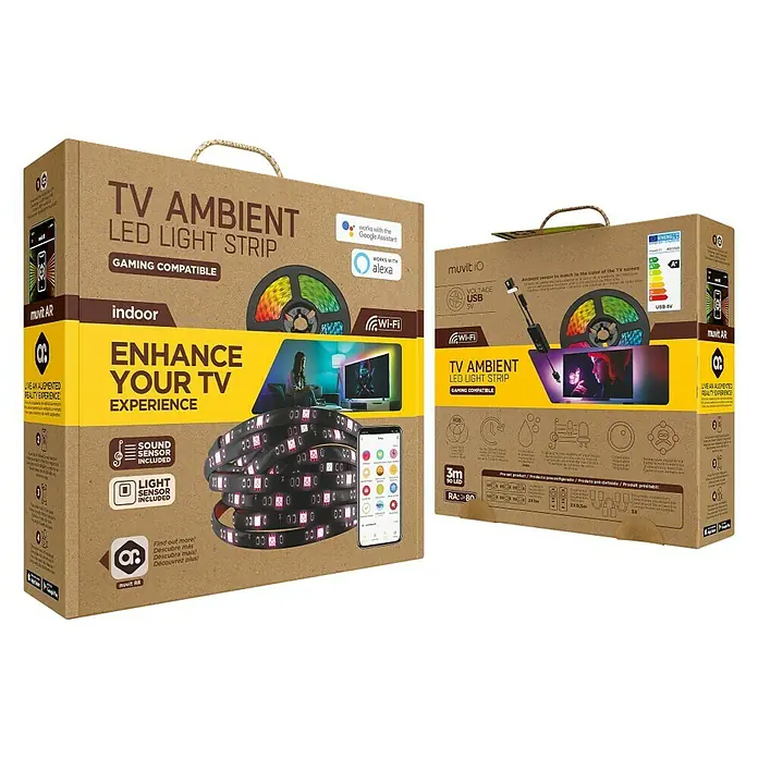 Muvit iO Tira LED inteligente USB WiFi TV - Largo: 3 m, RGB, 5 W, 5 V - La imagen muestra el empaque de una tira de luz LED ambiental para TV, diseñada para mejorar tu experiencia televisiva.