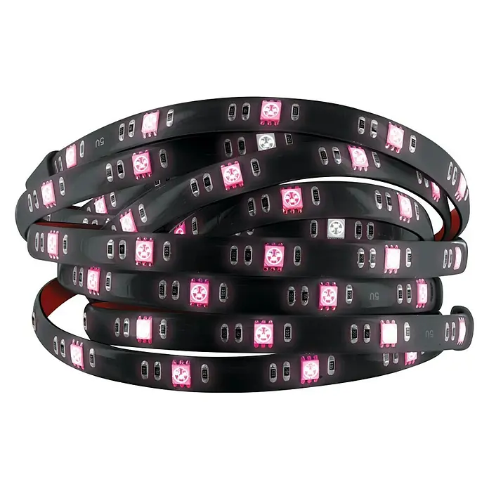Muvit iO Tira LED inteligente USB WiFi TV - Largo: 3 m, RGB, 5 W, 5 V - Un primer plano de una tira de LED enrollada sobre sí misma, mostrando luces rojas y blancas alternadas.