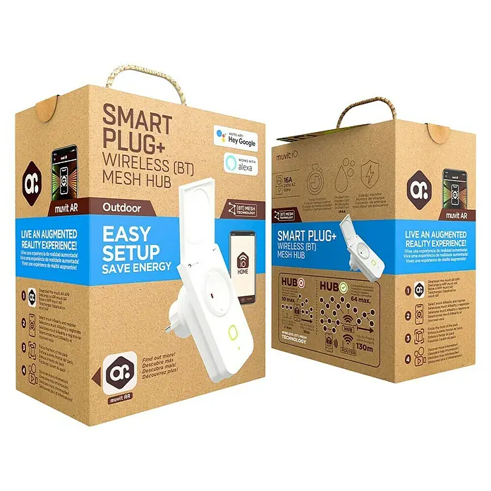 Muvit iO Enchufe inteligente WiFi + Hub Bluetooth Mesh - Para exterior, IP44, Blanco, 16 A - Smart Plug+: Hub Mesh inalámbrico (BT) para exteriores, con configuración fácil y capacidades de ahorro de energía.