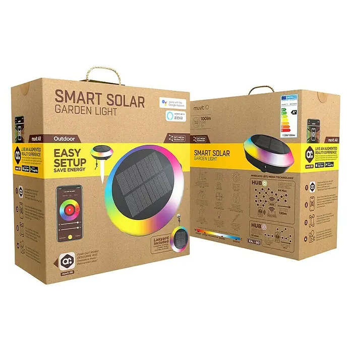 Muvit iO Lámpara decorativa solar inteligente Bluetooth RGB+CCT - 5 W, Negro, IP65 - Un conjunto de dos luces solares inteligentes para jardín con LED que cambian de color y fácil configuración. Perfecto para un ambiente exterior atmosférico.