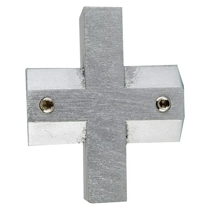 Elemento de unión de barra Urban - Plateado, L x An x Al: 1,8 x 9,5 x 14,3 cm, Atornillado - Primer plano de un accesorio de cruz plateado con tornillos, utilizado para aplicaciones industriales o construcción.