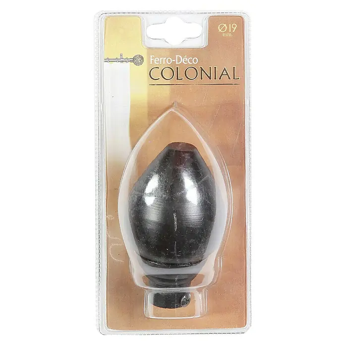 Tapa final Colonial Oval - Negro, 1 ud. - Primer plano de un embalaje de terminal de barra de cortina Ferro-Déco Colonial, diámetro 19 mm, con un diseño oscuro y elegante.