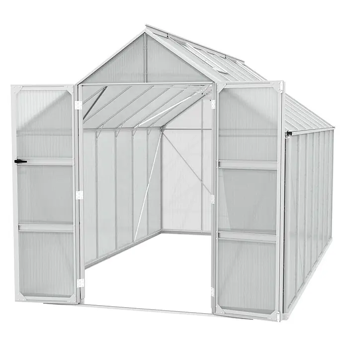 Vitavia Gewächshaus Domus 11500 - Außenmaß inkl. Dachüberstand (B x T): 257 x 449 cm, 4 mm, Aluminium - Ein geräumiges Gewächshaus mit geöffneten Türen, das viel Platz für Pflanzen bietet und eine kontrollierte Umgebung für Wachstum schafft.