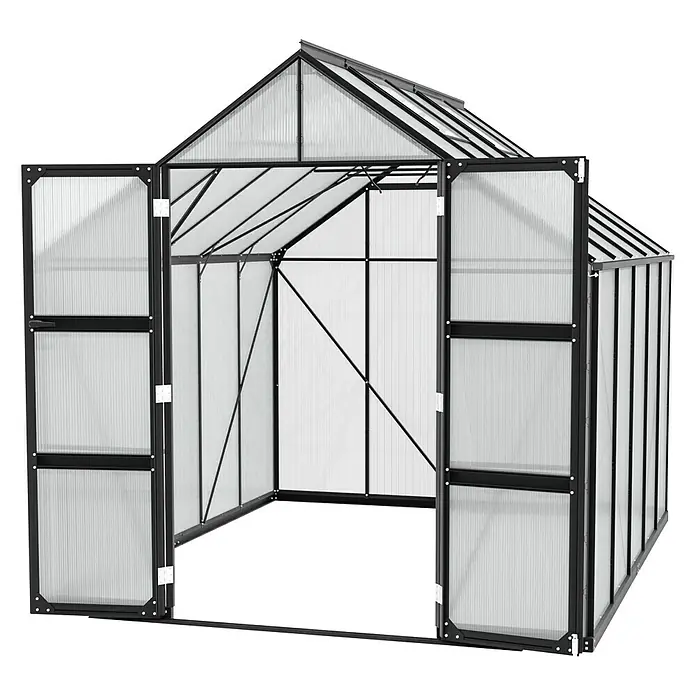 Vitavia Gewächshaus Domus 8300 - Außenmaß inkl. Dachüberstand (B x T): 257 x 325 cm, 6 mm, Schwarz - Ein geräumiges Gewächshaus mit transparenten Wänden und einer Doppeltür, ideal für Gartenliebhaber. Die stabile Konstruktion sorgt für Langlebigkeit.