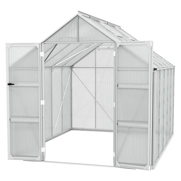 Vitavia Gewächshaus Domus 8300 - Außenmaß inkl. Dachüberstand (B x T): 257 x 325 cm, 4 mm, Aluminium - Abbildung eines Gewächshauses aus Aluminium mit geöffneten Türen, das ein lichtdurchflutetes Interieur für Pflanzenwachstum bietet.