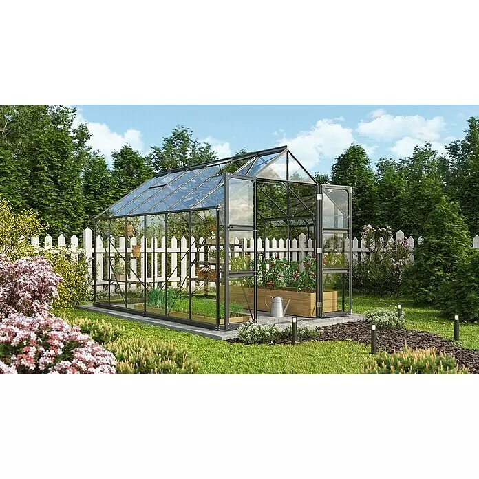 Vitavia Gewächshaus Domus 9900 - Außenmaß inkl. Dachüberstand (B x T): 257 x 387 cm, 3 mm, Schwarz - Modernes Gewächshaus aus schwarzem Glas mit offenem Dachfenster, voller Pflanzen, in sonnigem Garten.