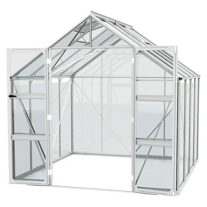 Vitavia Gewächshaus Domus 6700 - Außenmaß inkl. Dachüberstand (B x T): 257 x 263 cm, 3 mm, Aluminium - Ein geräumiges Gewächshaus mit geöffneten Türen, ideal für Hobbygärtner. Die Konstruktion bietet viel Platz für Pflanzen und Gemüse.