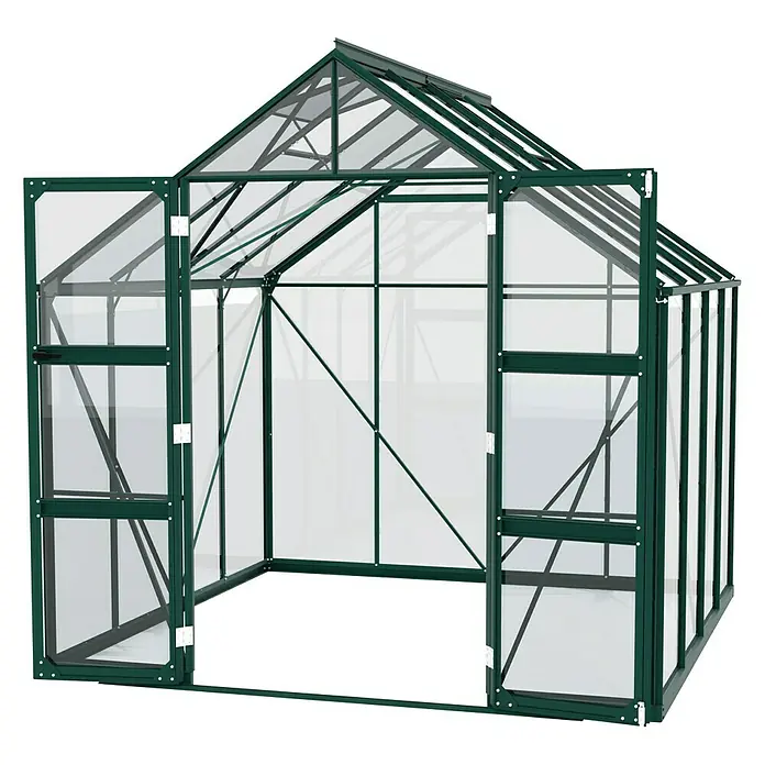 Vitavia Gewächshaus Domus 6700 - Außenmaß inkl. Dachüberstand (B x T): 257 x 263 cm, 3 mm, Smaragd - Abbildung eines Gewächshauses mit geöffneten Türen, das seine robuste Struktur und die klaren Paneele zeigt.\n