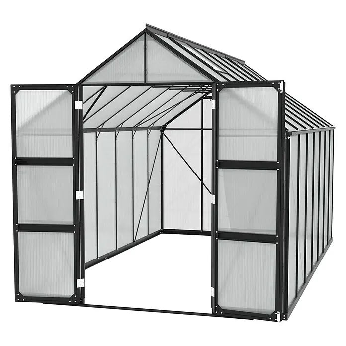 Vitavia Gewächshaus Domus 11500Außenmaß inkl. Dachüberstand (B x T): 257 x 449 cm, 4 mm, Schwarz - Ein geräumiges Gewächshaus mit geöffneten Doppeltüren, das viel Platz für den Anbau von Pflanzen und Gemüse bietet.