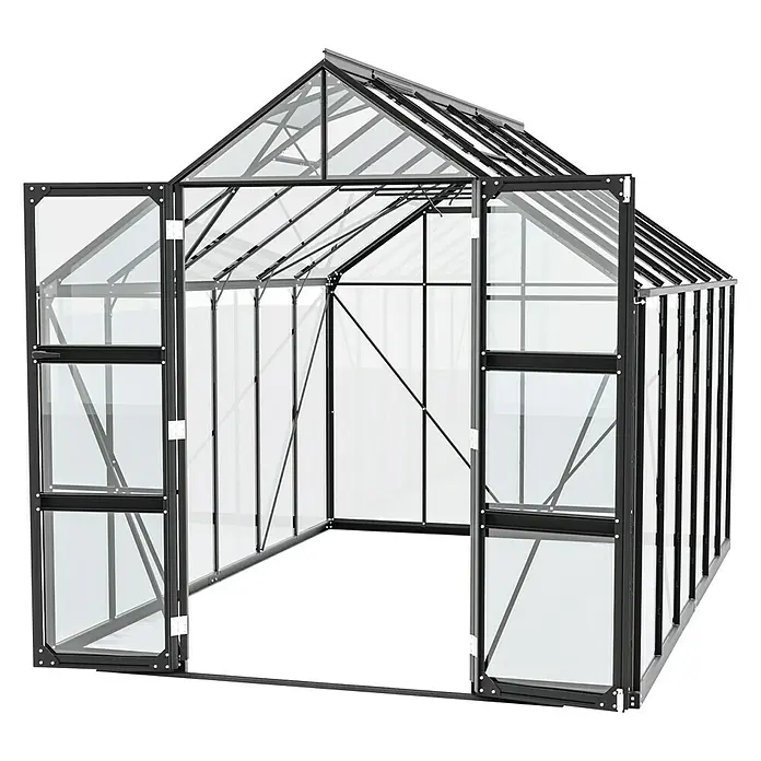 Vitavia Gewächshaus Domus 9900 - Außenmaß inkl. Dachüberstand (B x T): 257 x 387 cm, 3 mm, Schwarz - Dieses Bild zeigt ein Gewächshaus mit geöffneten Türen, das den Innenraum und die Struktur des Gewächshauses hervorhebt.