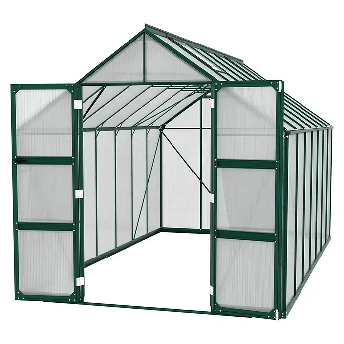 Vitavia Gewächshaus Domus 11500 - Außenmaß inkl. Dachüberstand (B x T): 257 x 449 cm, 4 mm, Smaragd - Ein geräumiges Gewächshaus mit geöffneten Türen, ideal für Gartenliebhaber. Die grüne Konstruktion bietet Schutz und optimale Wachstumsbedingungen.