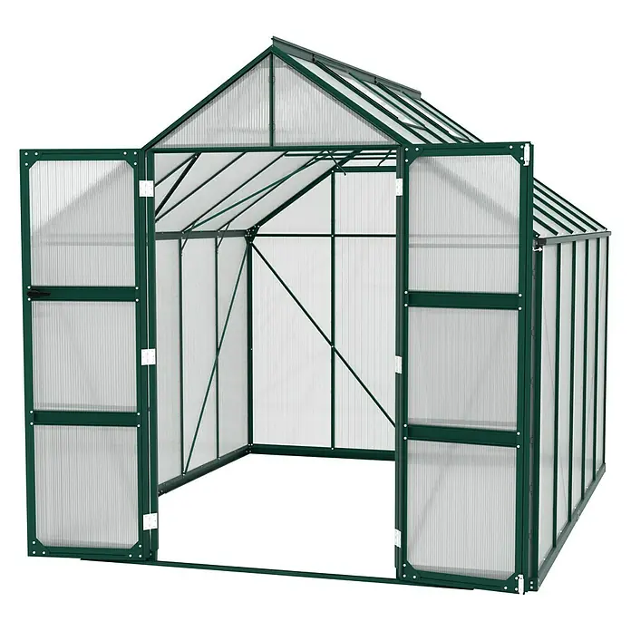 Vitavia Gewächshaus Domus 8300 - Außenmaß inkl. Dachüberstand (B x T): 257 x 325 cm, 4 mm, Smaragd - Abbildung eines grünen Gewächshauses mit geöffneten Türen. Es ist für Gartenarbeiten und Pflanzenzucht konzipiert.
