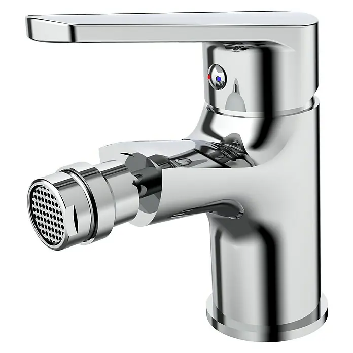 Cosmobath Warwick Grifo monomando de bidé - Cromo, Brillante - Primer plano de un brillante grifo de bidé cromado con manija de palanca y una vista en corte detallada del funcionamiento interno del surtidor.