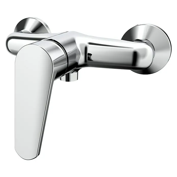 Cosmobath Warwick Grifo monomando de ducha - Cromo, Brillante - Imagen de un grifo de baño cromado con manija de palanca para el control de la temperatura y el flujo del agua, sobre un fondo negro.