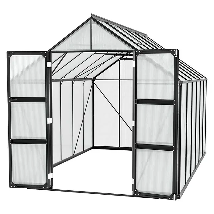 Vitavia Gewächshaus Domus 9900 - Außenmaß inkl. Dachüberstand (B x T): 257 x 387 cm, 6 mm, Schwarz - Ein Gewächshaus mit geöffneten Türen und schwarzem Rahmen auf schwarzem Hintergrund. Ideal für Pflanzenliebhaber, die ihre grüne Oase schaffen möchten.