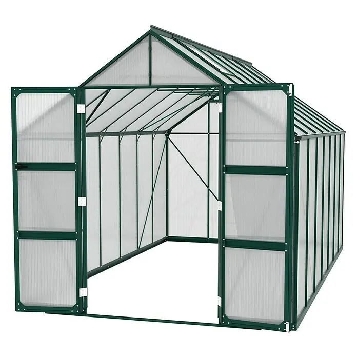 Vitavia Gewächshaus Domus 11500 - Außenmaß inkl. Dachüberstand (B x T): 257 x 449 cm, 6 mm, Smaragd - Offenes Gewächshaus mit grünen Rahmen und durchscheinenden Paneelen, das einen Einblick ins Innere ermöglicht. Ideal für den Garten.
