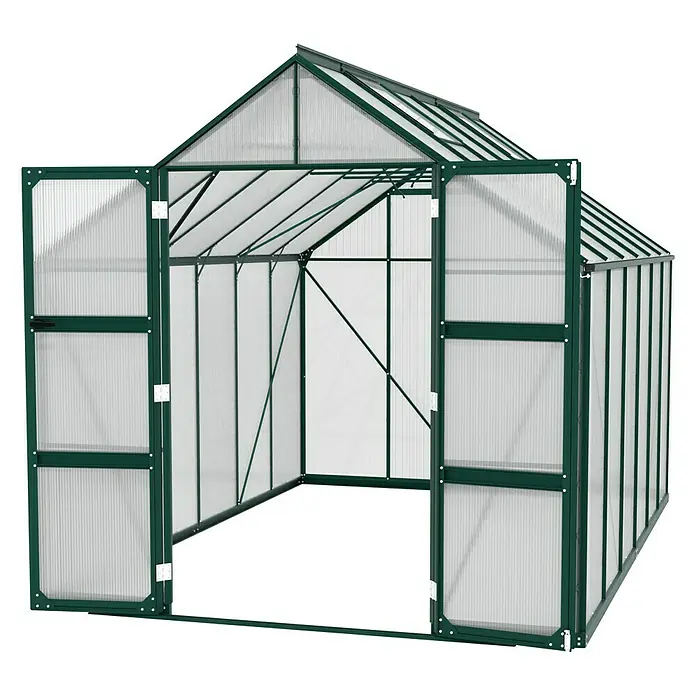 Vitavia Gewächshaus Domus 9900Außenmaß inkl. Dachüberstand (B x T): 257 x 387 cm, 4 mm, Smaragd - Ein Gewächshaus mit geöffneten Doppeltüren. Der Rahmen ist grün und die Paneele sind transparent.