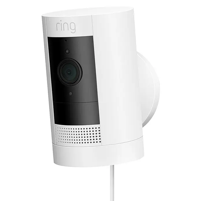 Ring Überwachungskamera außen Stick Up Cam Plug-In - Netzbetrieben, 1.080 Pixel (Full HD), Weiß - Nahaufnahme einer Ring Stick Up Cam, einer kabellosen Sicherheitskamera für den Innen- und Außenbereich.