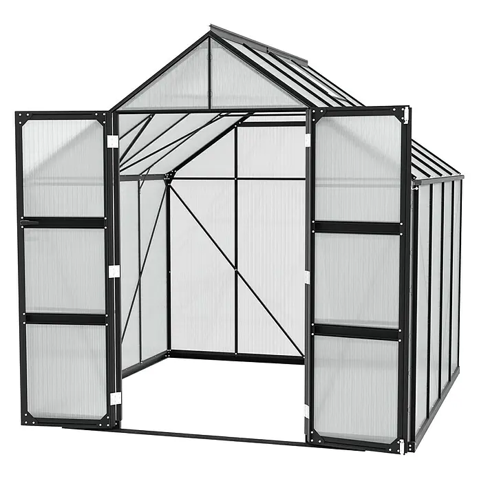 Vitavia Gewächshaus Domus 6700Außenmaß inkl. Dachüberstand (B x T): 257 x 263 cm, 6 mm, Schwarz - Ein Gewächshaus mit geöffneten Türen, das bereit ist, Pflanzen und Gemüse aufzunehmen. Der stabile Rahmen sorgt für Langlebigkeit.