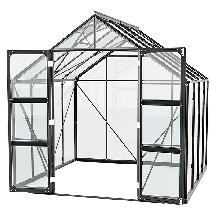 Vitavia Gewächshaus Domus 6700 - Außenmaß inkl. Dachüberstand (B x T): 257 x 263 cm, 3 mm, Schwarz - Ein geräumiges Gewächshaus mit geöffneten Türen, ideal für Pflanzenliebhaber und Gärtner. Es bietet viel Platz für die Aufzucht von Gemüse und Blumen.