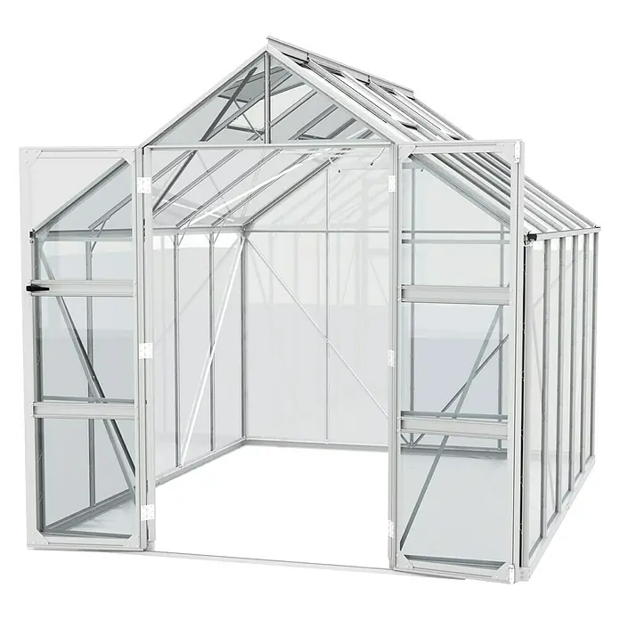 Vitavia Gewächshaus Domus 8300Außenmaß inkl. Dachüberstand (B x T): 257 x 325 cm, 3 mm, Aluminium - Ein geräumiges Gewächshaus mit geöffneten Türen, ideal für den Garten. Das Design ist hell und freundlich.