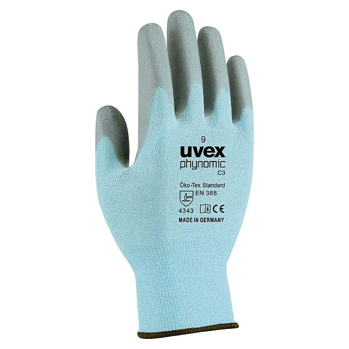 Uvex Arbeitshandschuhe Phynomic C3Blau, Kunststoff, 9 - Uvex Phynomic C3 Arbeitshandschuh Größe 9 mit Öko-Tex Standard und CE-Kennzeichnung, hergestellt in Deutschland für optimalen Schutz und Komfort.