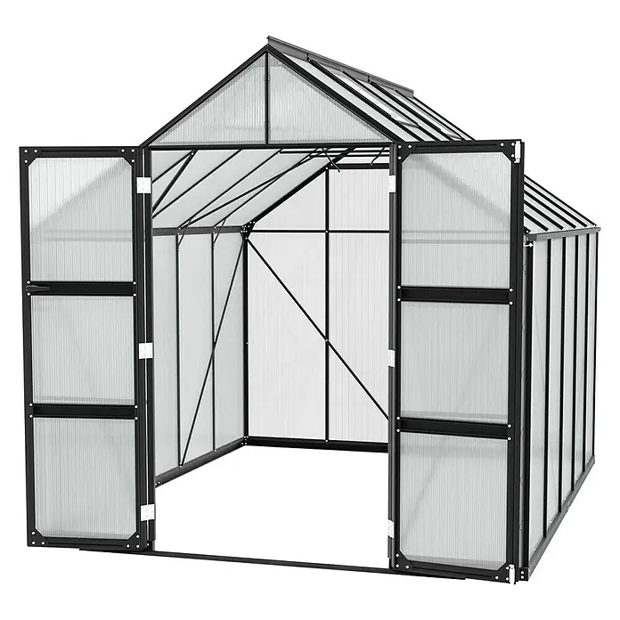 Vitavia Gewächshaus Domus 8300 - Außenmaß inkl. Dachüberstand (B x T): 257 x 325 cm, 4 mm, Schwarz - Ein Gewächshaus mit weit geöffneten Türen, das die Struktur und das Design des Gartenbauprodukts hervorhebt.