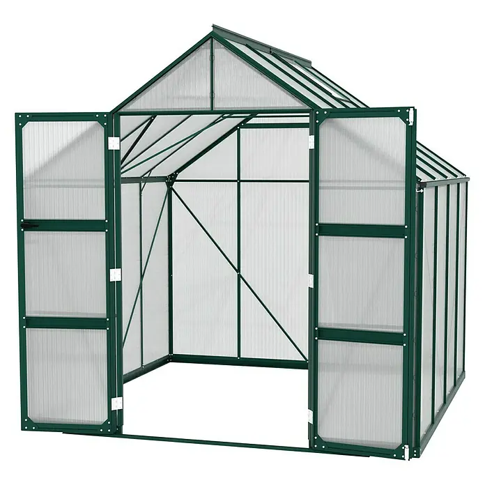 Vitavia Gewächshaus Domus 6700 - Außenmaß inkl. Dachüberstand (B x T): 257 x 263 cm, 4 mm, Smaragd - Geräumiges Gewächshaus mit geöffneten Türen, ideal für den Gartenanbau.