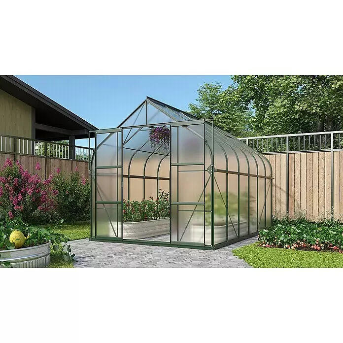 Vitavia Gewächshaus Dione 9900 - 383 cm x 263,5 mm x 254,5 mm, Wandstärke: 4 mm, Smaragd - Gewächshaus mit grünem Rahmen und durchsichtigen Paneelen im Garten zur Pflanzenzucht.