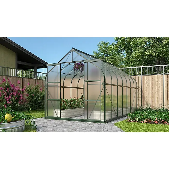 Vitavia Gewächshaus Dione 11500 - 445 x 263,5 x 254,5 cm, Wandstärke: 4 mm, Smaragd - Nahaufnahme eines Gewächshauses mit Pflanzen im Garten, das eine angenehme Atmosphäre schafft und die Pflanzen schützt.