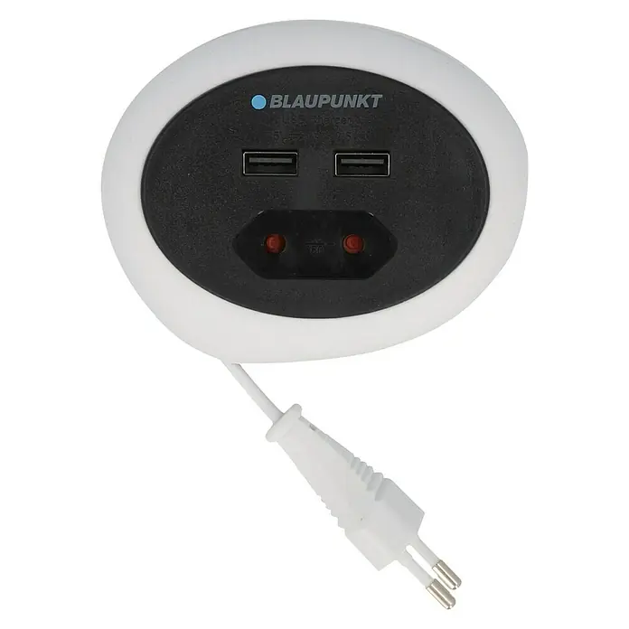 Blaupunkt Steckdosenleiste - Weiß/Schwarz, Kabellänge: 1,2 m, IP20, Ohne Schalter - Abbildung eines weißen Blaupunkt-Mehrfachsteckers mit zwei USB-Anschlüssen und einer Steckdose. Das Produkt ist ideal zum Aufladen mehrerer Geräte gleichzeitig.