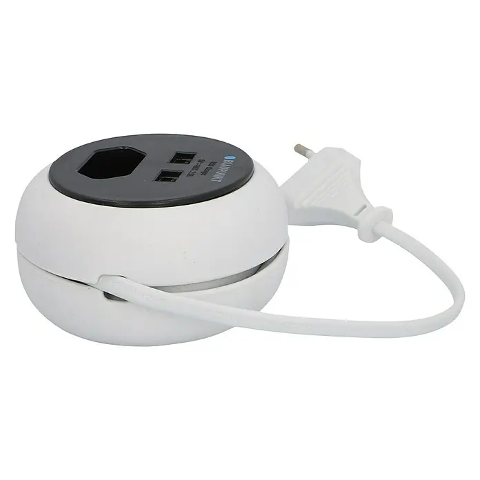 Blaupunkt Steckdosenleiste - Weiß/Schwarz, Kabellänge: 1,2 m, IP20, Ohne Schalter - Weißer, runder Steckdosenverteiler mit schwarzer Oberseite und USB-Anschlüssen, ideal für den flexiblen Einsatz im Haushalt.