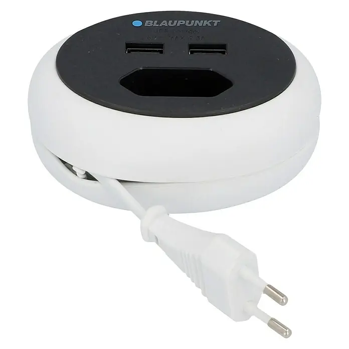 Blaupunkt Steckdosenleiste - Weiß/Schwarz, Kabellänge: 1,2 m, IP20, Ohne Schalter - Abbildung eines runden, weißen und schwarzen Ladegeräts von Blaupunkt mit zwei USB-Anschlüssen und einem EU-Stecker.