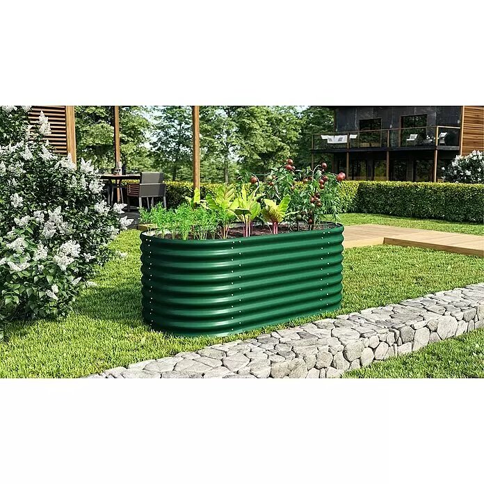 Vitavia Hochbeet Terra 630 - 162 x 82 x 63 cm, Zincalume®, Seegras - Grünes Hochbeet aus Wellblech, mit Gemüse bepflanzt, im Garten.
